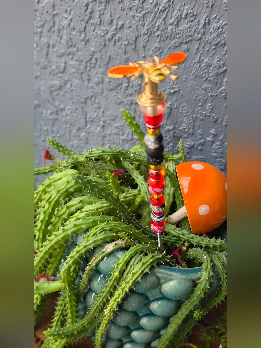 Handmade Beaded Garden Stake/fairy Wand/ Plant Stick with Big Bee Topper